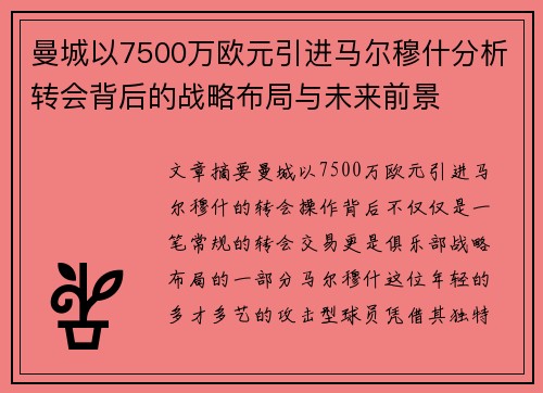 曼城以7500万欧元引进马尔穆什分析转会背后的战略布局与未来前景