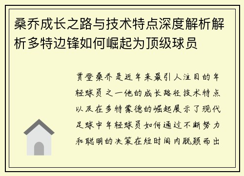 桑乔成长之路与技术特点深度解析解析多特边锋如何崛起为顶级球员