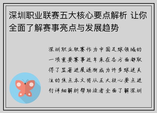 深圳职业联赛五大核心要点解析 让你全面了解赛事亮点与发展趋势